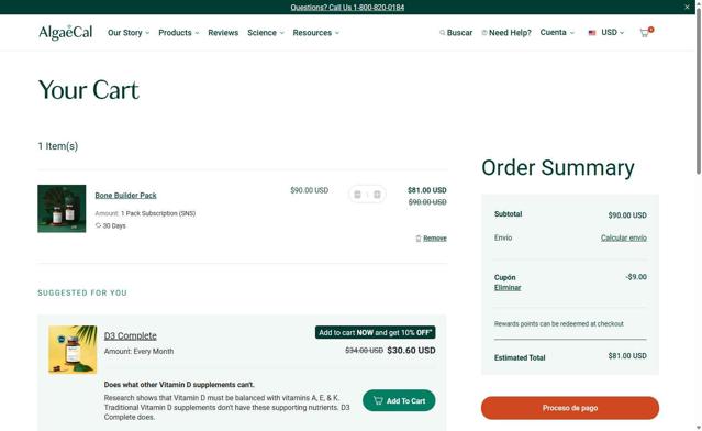 AlgaeCal checkout page showing AlgaeCal coupon code box | Screenshot taken by SimplyCodes community member on Jul 24, 2025
