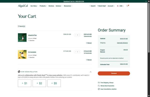 AlgaeCal checkout page showing AlgaeCal coupon code box | Screenshot taken by SimplyCodes community member on Jul 24, 2025
