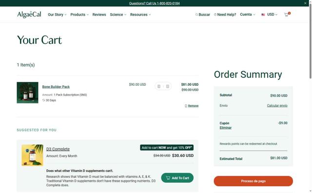 AlgaeCal checkout page showing AlgaeCal coupon code box | Screenshot taken by SimplyCodes community member on Aug 12, 2025