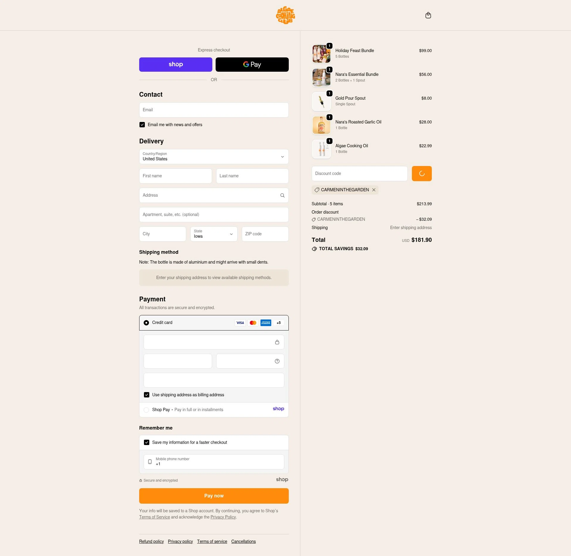 Algae Cooking Club checkout page showing Algae Cooking Club discount code box | Screenshot taken by SimplyCodes community member on Jan 8, 2026