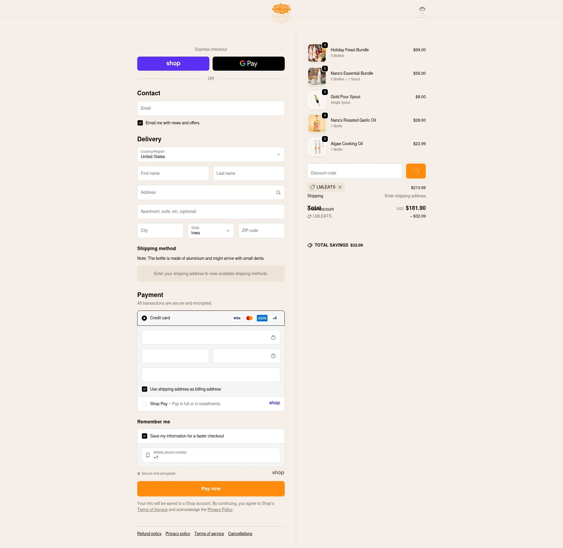 Algae Cooking Club checkout page showing Algae Cooking Club discount code box | Screenshot taken by SimplyCodes community member on Jan 8, 2026
