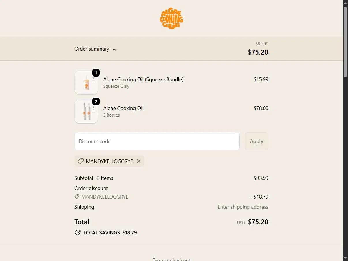 Algae Cooking Club checkout page showing Algae Cooking Club discount code box | Screenshot taken by SimplyCodes community member on Jan 8, 2026