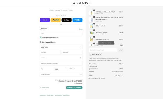 Algenist checkout page showing Algenist discount code box | Screenshot taken by SimplyCodes community member on Sep 12, 2025