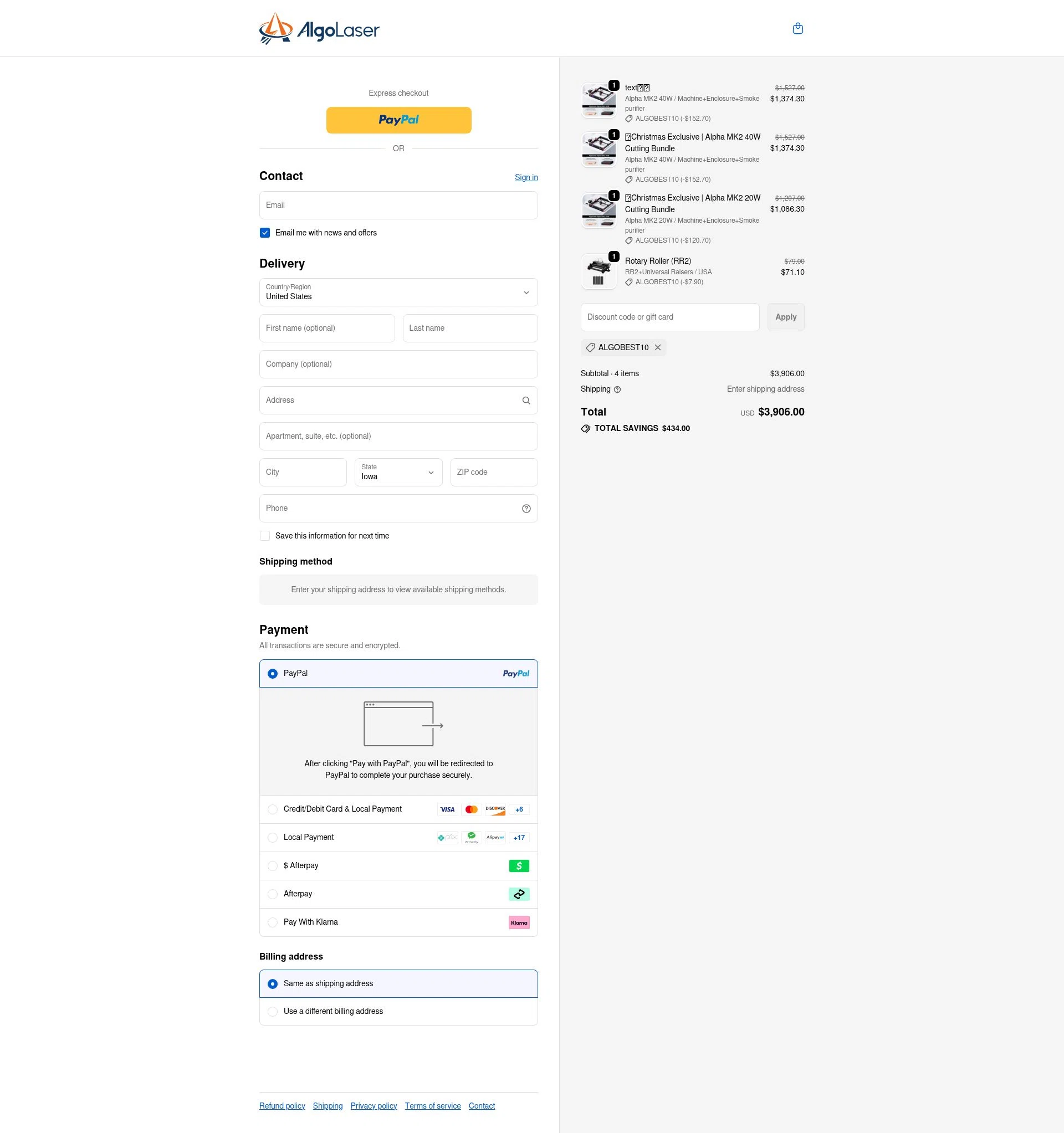 AlgoLaser checkout page showing AlgoLaser coupon code box | Screenshot taken by SimplyCodes community member on Jan 2, 2026
