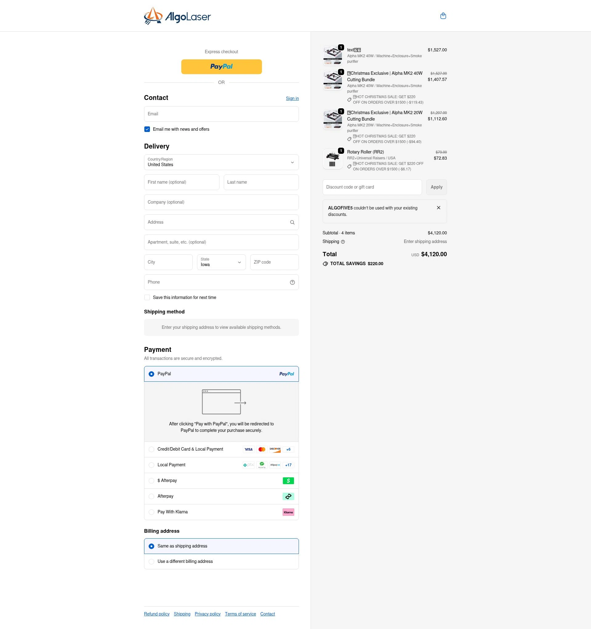 AlgoLaser checkout page showing AlgoLaser coupon code box | Screenshot taken by SimplyCodes community member on Jan 2, 2026