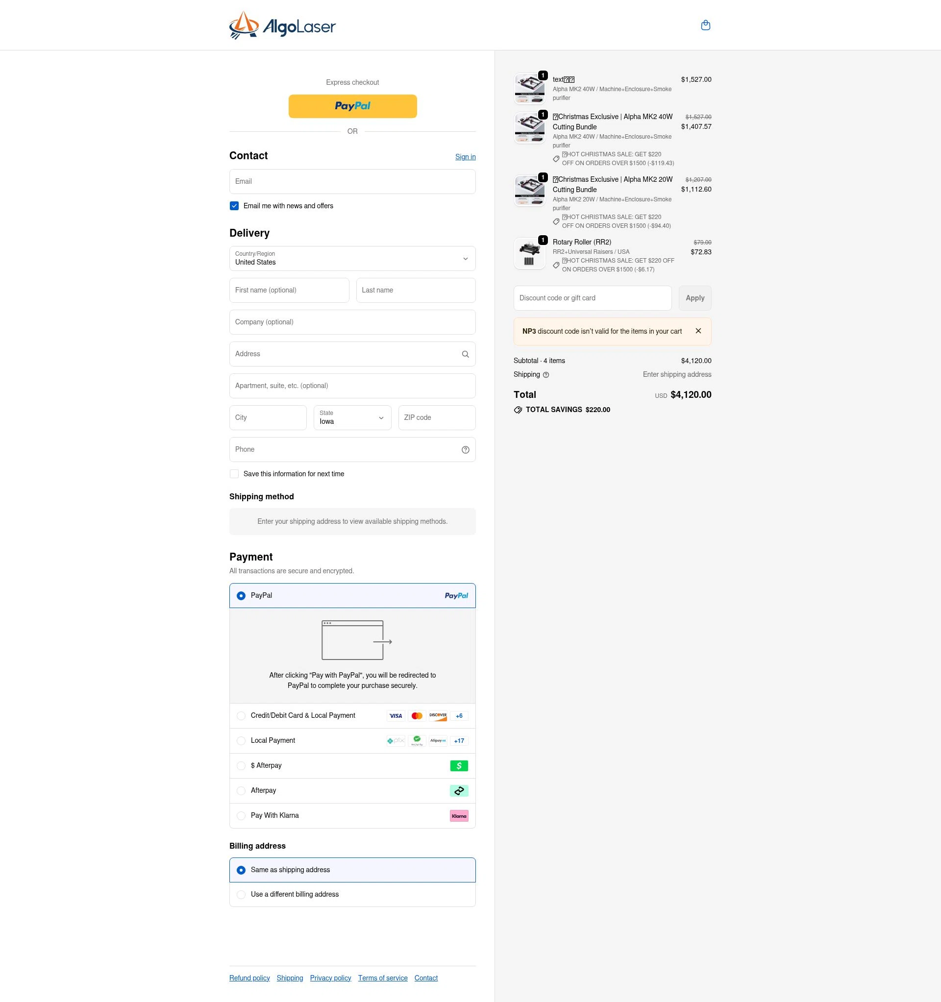 AlgoLaser checkout page showing AlgoLaser coupon code box | Screenshot taken by SimplyCodes community member on Jan 2, 2026