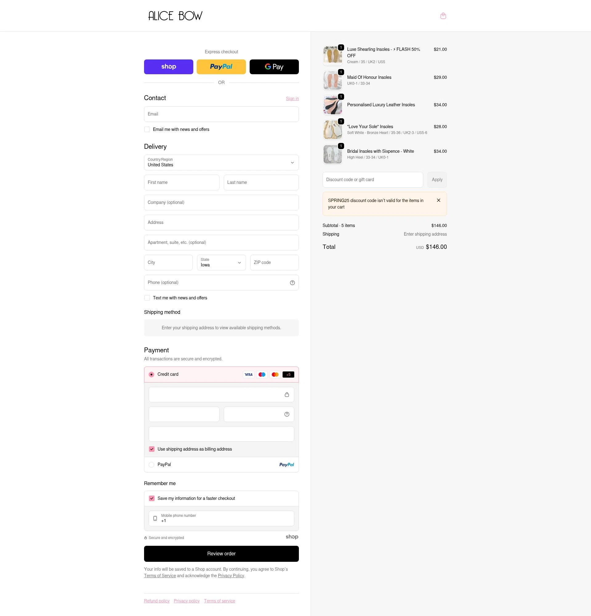 Alice Bow checkout page showing Alice Bow promo code box | Screenshot taken by SimplyCodes community member on Dec 25, 2025