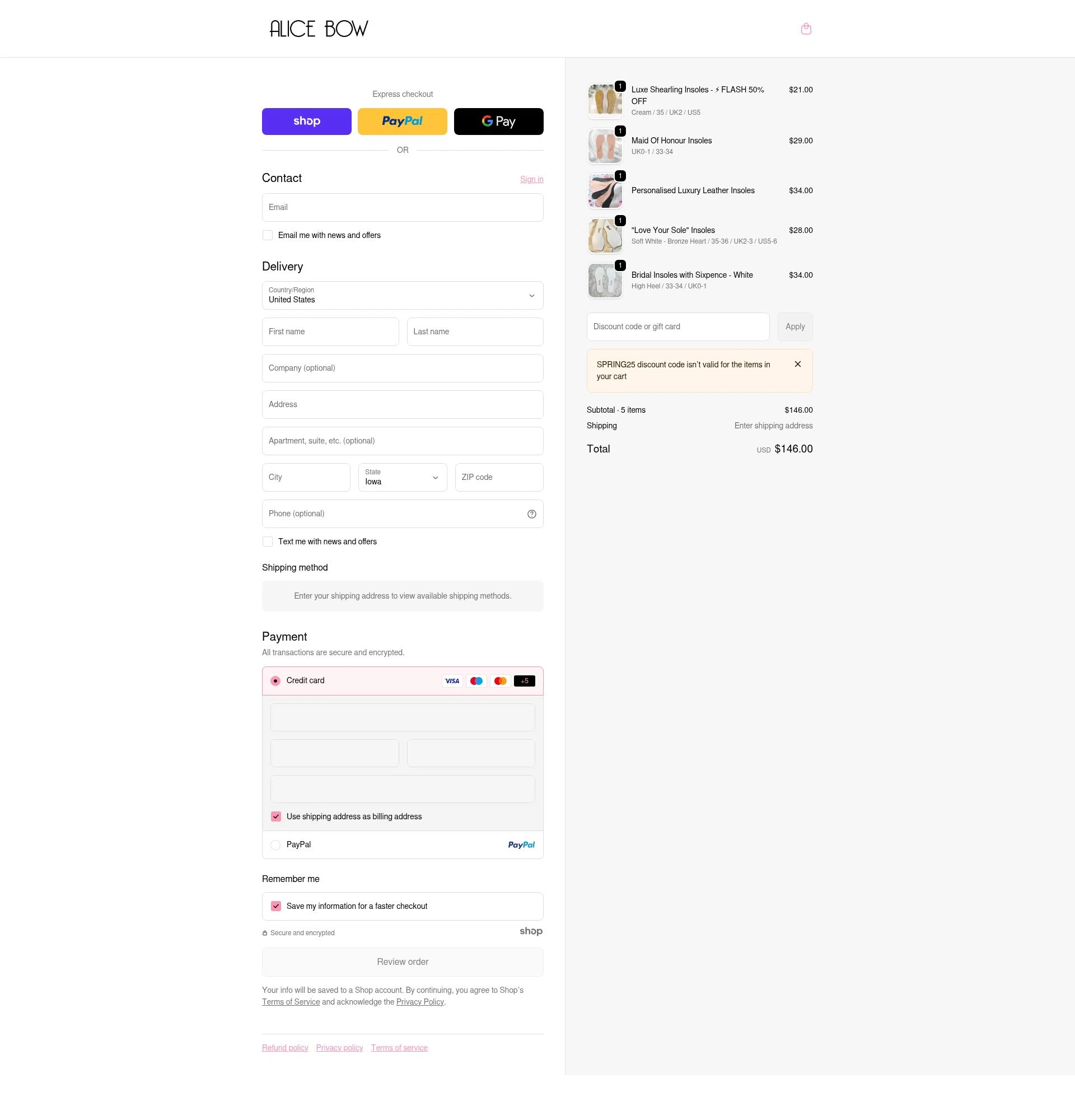 Alice Bow checkout page showing Alice Bow promo code box | Screenshot taken by SimplyCodes community member on Dec 30, 2025