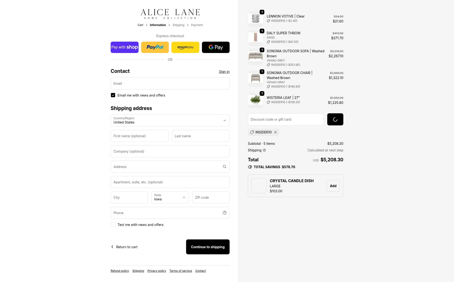 Alice Lane Home Collection checkout page showing Alice Lane Home Collection promo code box | Screenshot taken by SimplyCodes community member on Jan 7, 2026