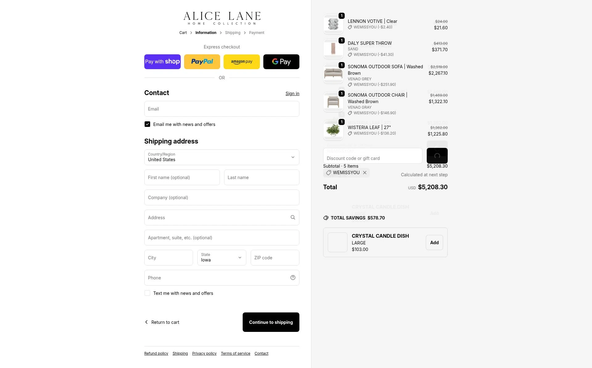 Alice Lane Home Collection checkout page showing Alice Lane Home Collection promo code box | Screenshot taken by SimplyCodes community member on Jan 7, 2026