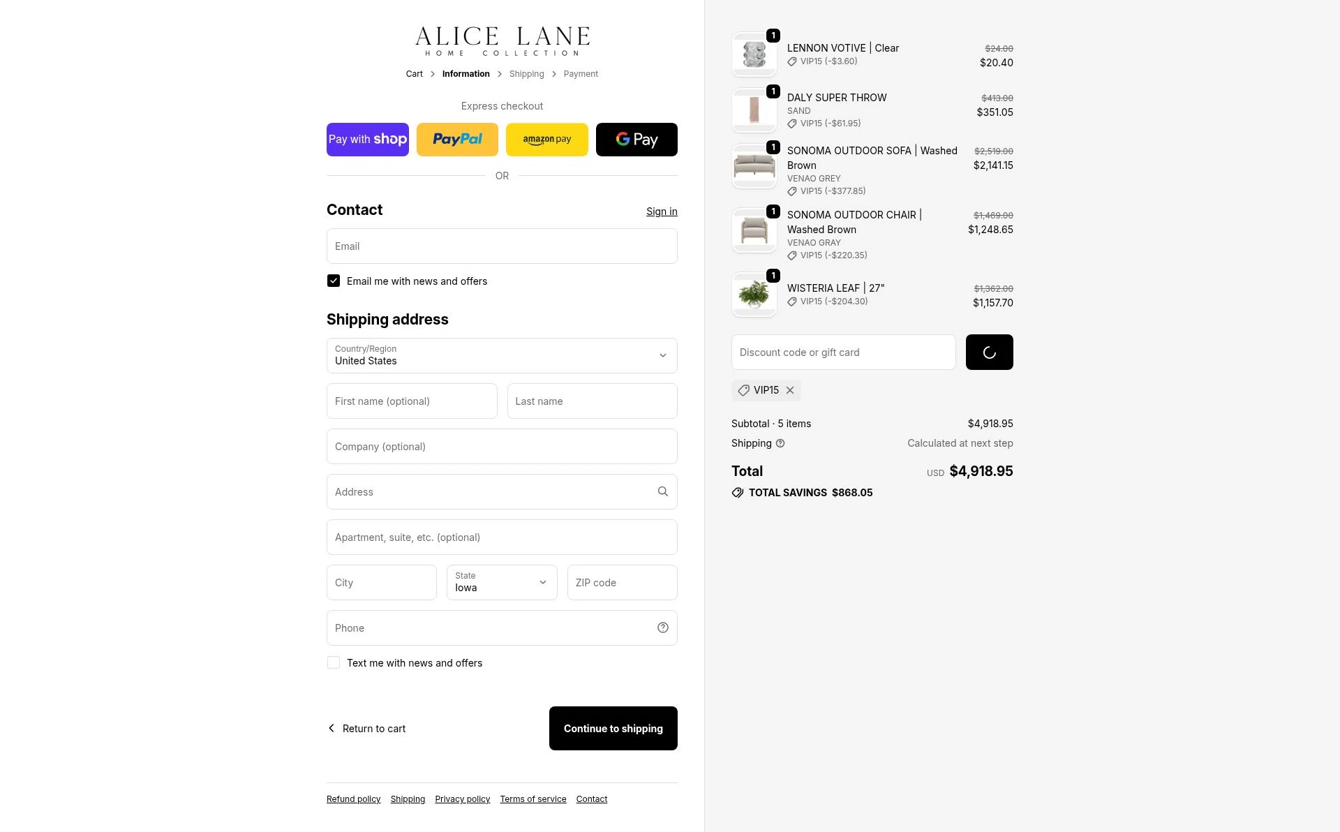 Alice Lane Home Collection checkout page showing Alice Lane Home Collection promo code box | Screenshot taken by SimplyCodes community member on Jan 7, 2026