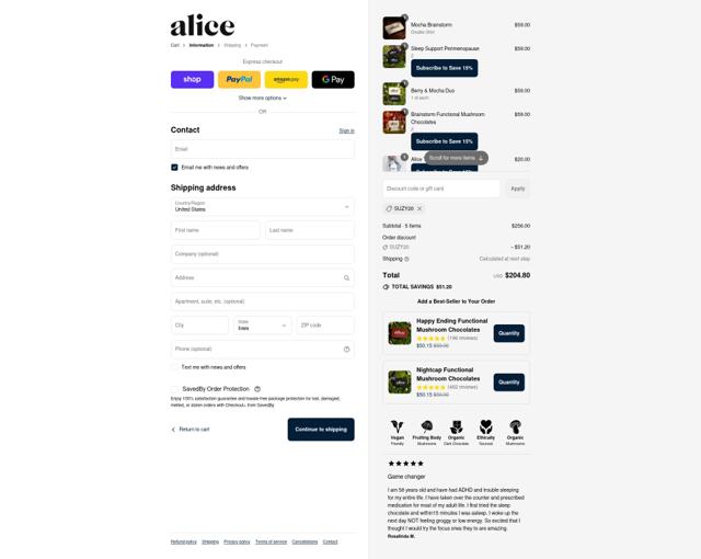 Alice Mushrooms checkout page showing Alice Mushrooms discount code box | Screenshot taken by SimplyCodes community member on Sep 12, 2025