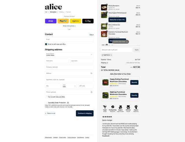 Alice Mushrooms checkout page showing Alice Mushrooms discount code box | Screenshot taken by SimplyCodes community member on Sep 12, 2025