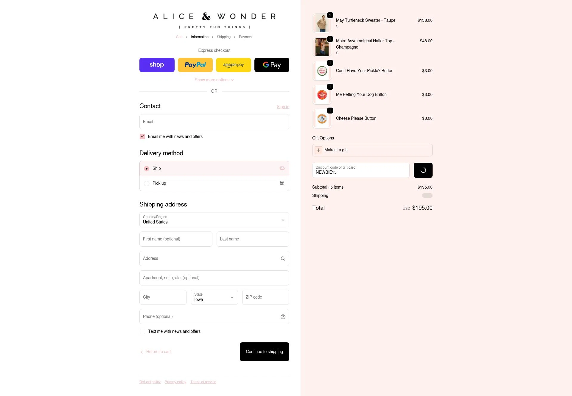 Alice & Wonder checkout page showing Alice & Wonder promo code box | Screenshot taken by SimplyCodes community member on Dec 19, 2025