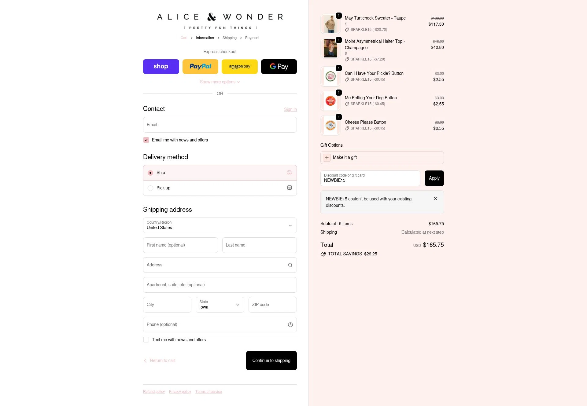 Alice & Wonder checkout page showing Alice & Wonder promo code box | Screenshot taken by SimplyCodes community member on Dec 13, 2025