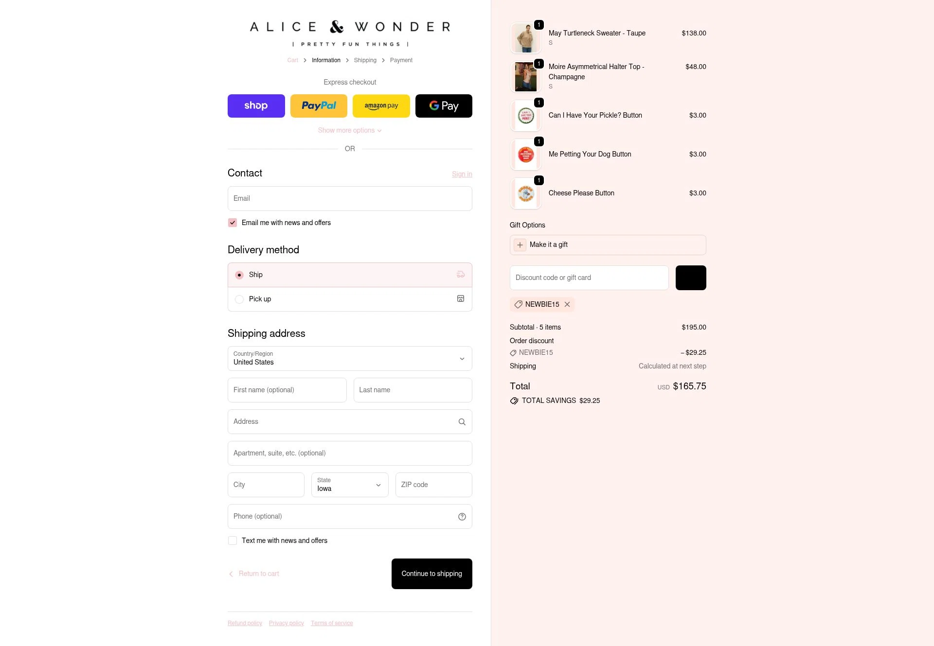 Alice & Wonder checkout page showing Alice & Wonder promo code box | Screenshot taken by SimplyCodes community member on Dec 25, 2025