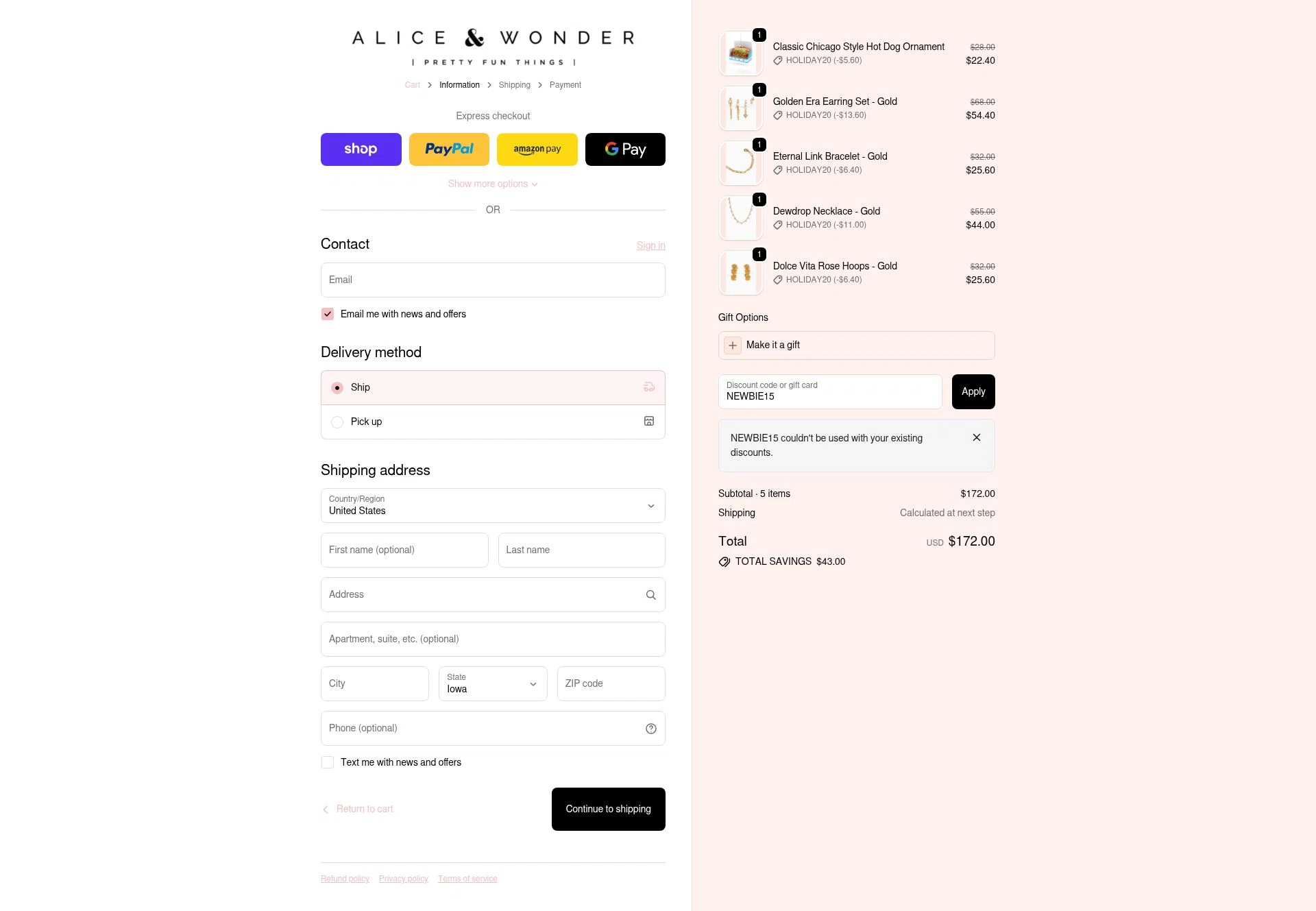 Alice & Wonder checkout page showing Alice & Wonder promo code box | Screenshot taken by SimplyCodes community member on Nov 21, 2025