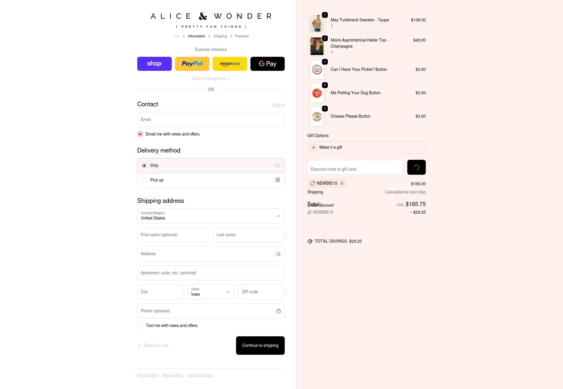 Alice & Wonder checkout page showing Alice & Wonder promo code box | Screenshot taken by SimplyCodes community member on Dec 30, 2025
