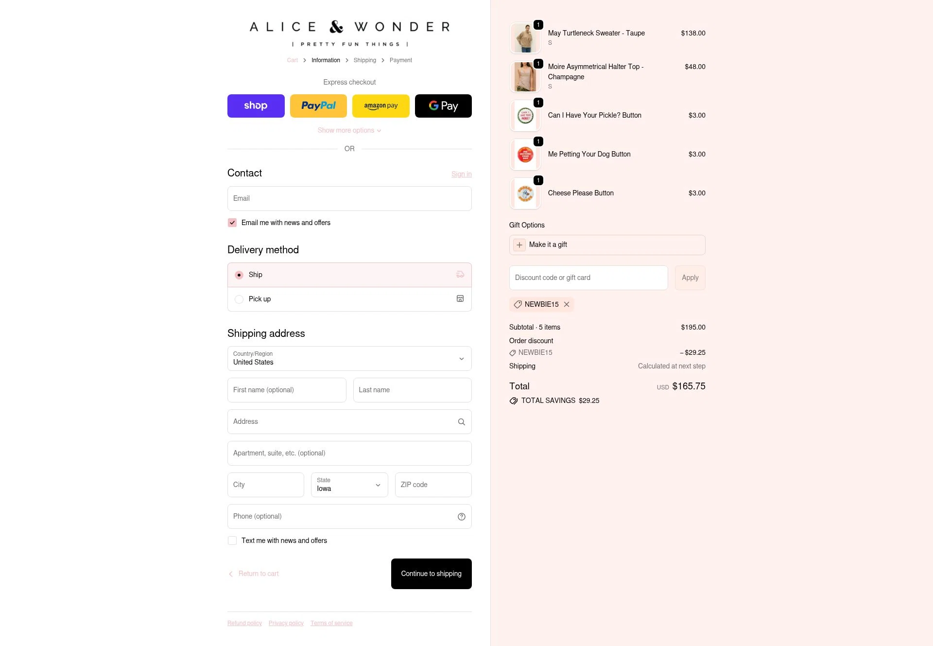 Alice & Wonder checkout page showing Alice & Wonder promo code box | Screenshot taken by SimplyCodes community member on Dec 7, 2025
