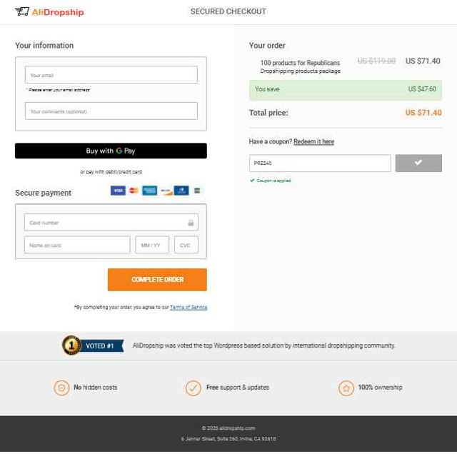 AliDropship checkout page showing AliDropship promo code box | Screenshot taken by SimplyCodes community member on Aug 29, 2025