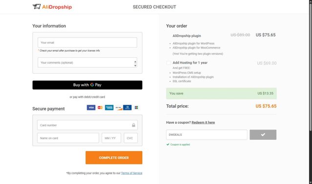 AliDropship checkout page showing AliDropship promo code box | Screenshot taken by SimplyCodes community member on Aug 14, 2025