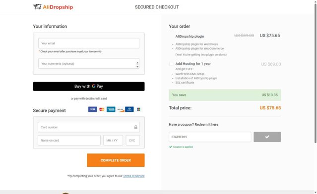 AliDropship checkout page showing AliDropship promo code box | Screenshot taken by SimplyCodes community member on Sep 1, 2025