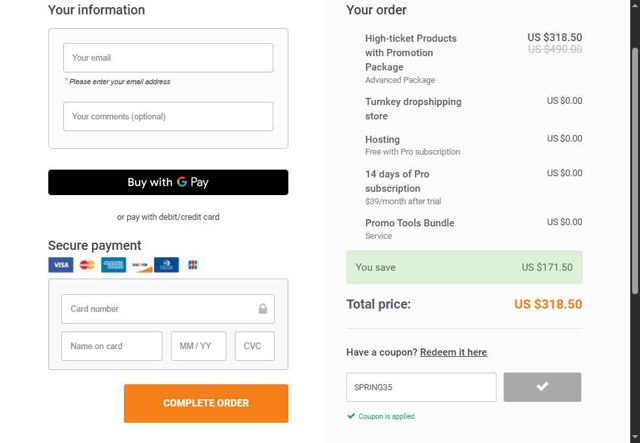 AliDropship checkout page showing AliDropship promo code box | Screenshot taken by SimplyCodes community member on Sep 4, 2025
