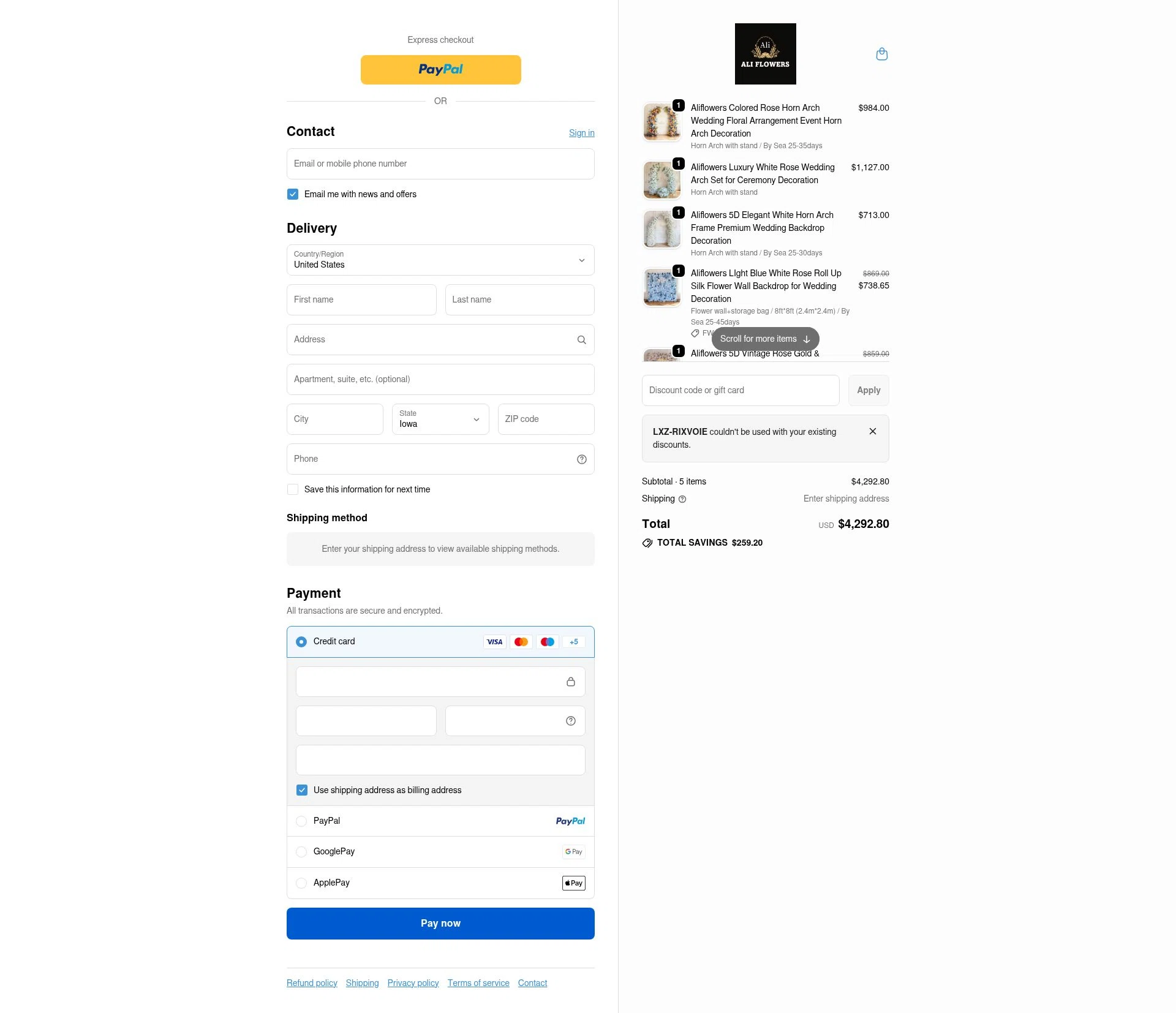 Ali Flowers checkout page showing Ali Flowers promo code box | Screenshot taken by SimplyCodes community member on Jan 10, 2026