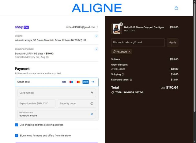 Aligne UK checkout page showing Aligne UK promo code box | Screenshot taken by SimplyCodes community member on Aug 18, 2025