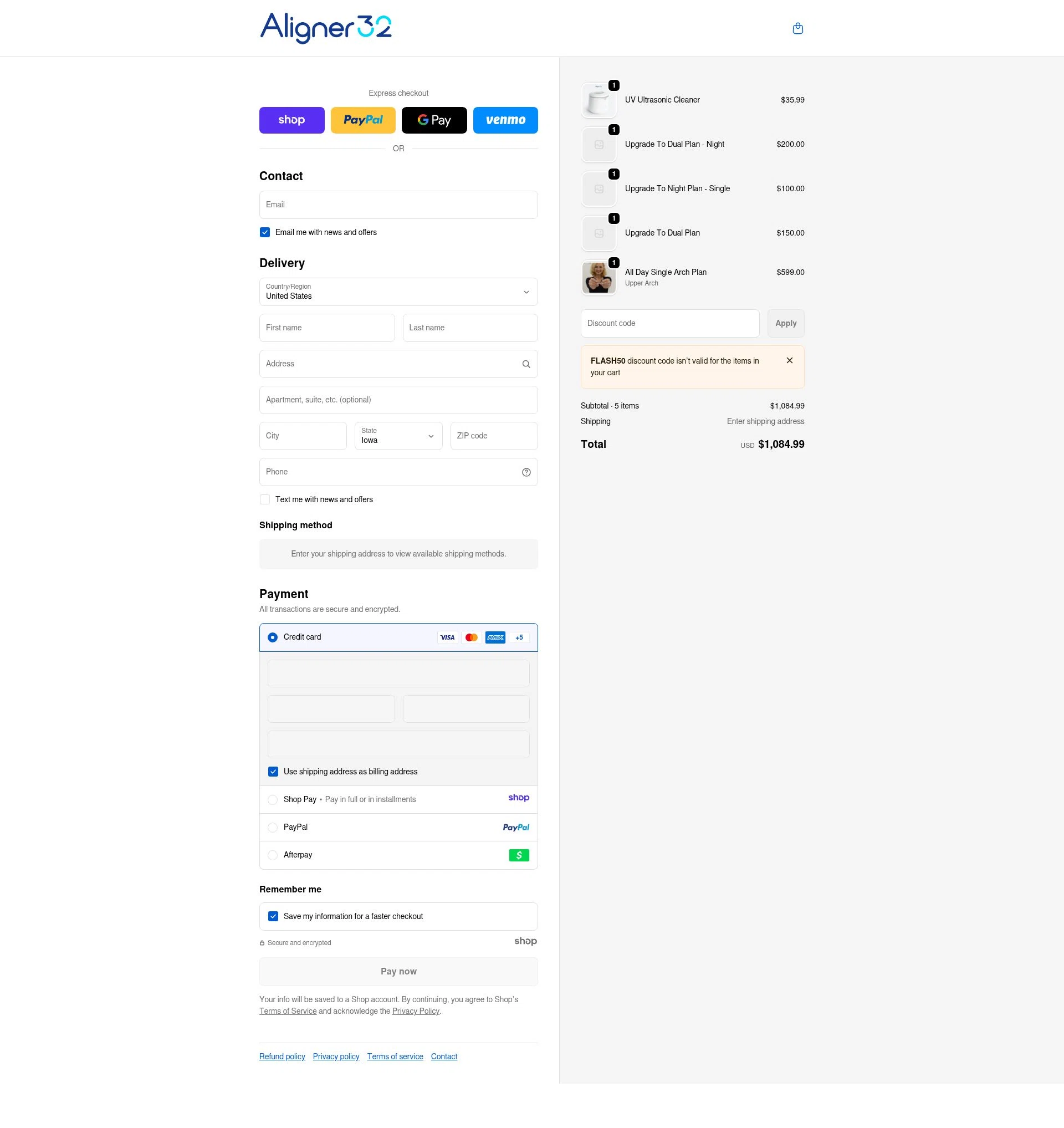 Aligner32 checkout page showing Aligner32 discount code box | Screenshot taken by SimplyCodes community member on Dec 31, 2025