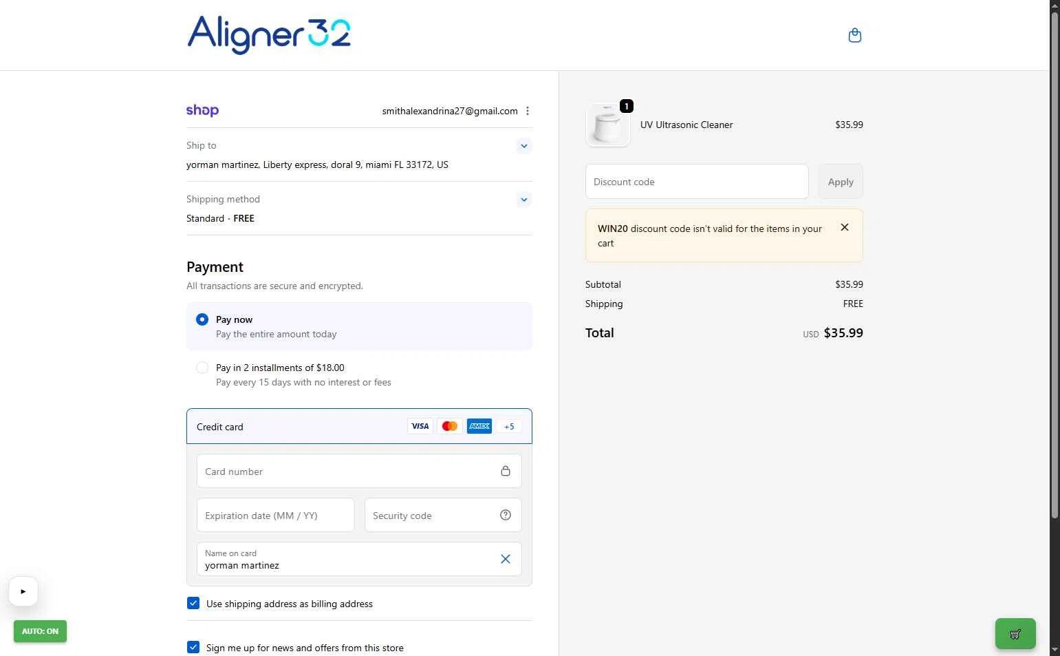 Aligner32 checkout page showing Aligner32 discount code box | Screenshot taken by SimplyCodes community member on Jan 5, 2026