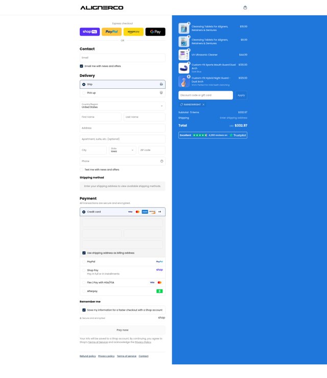 AlignerCo checkout page showing AlignerCo discount code box | Screenshot taken by SimplyCodes community member on Aug 28, 2025