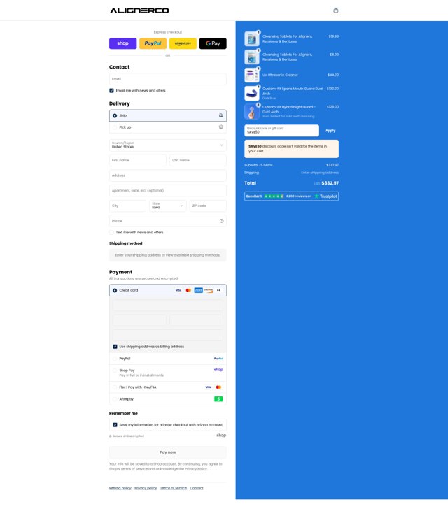 AlignerCo checkout page showing AlignerCo discount code box | Screenshot taken by SimplyCodes community member on Sep 1, 2025