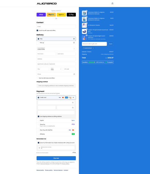 AlignerCo checkout page showing AlignerCo discount code box | Screenshot taken by SimplyCodes community member on Sep 1, 2025
