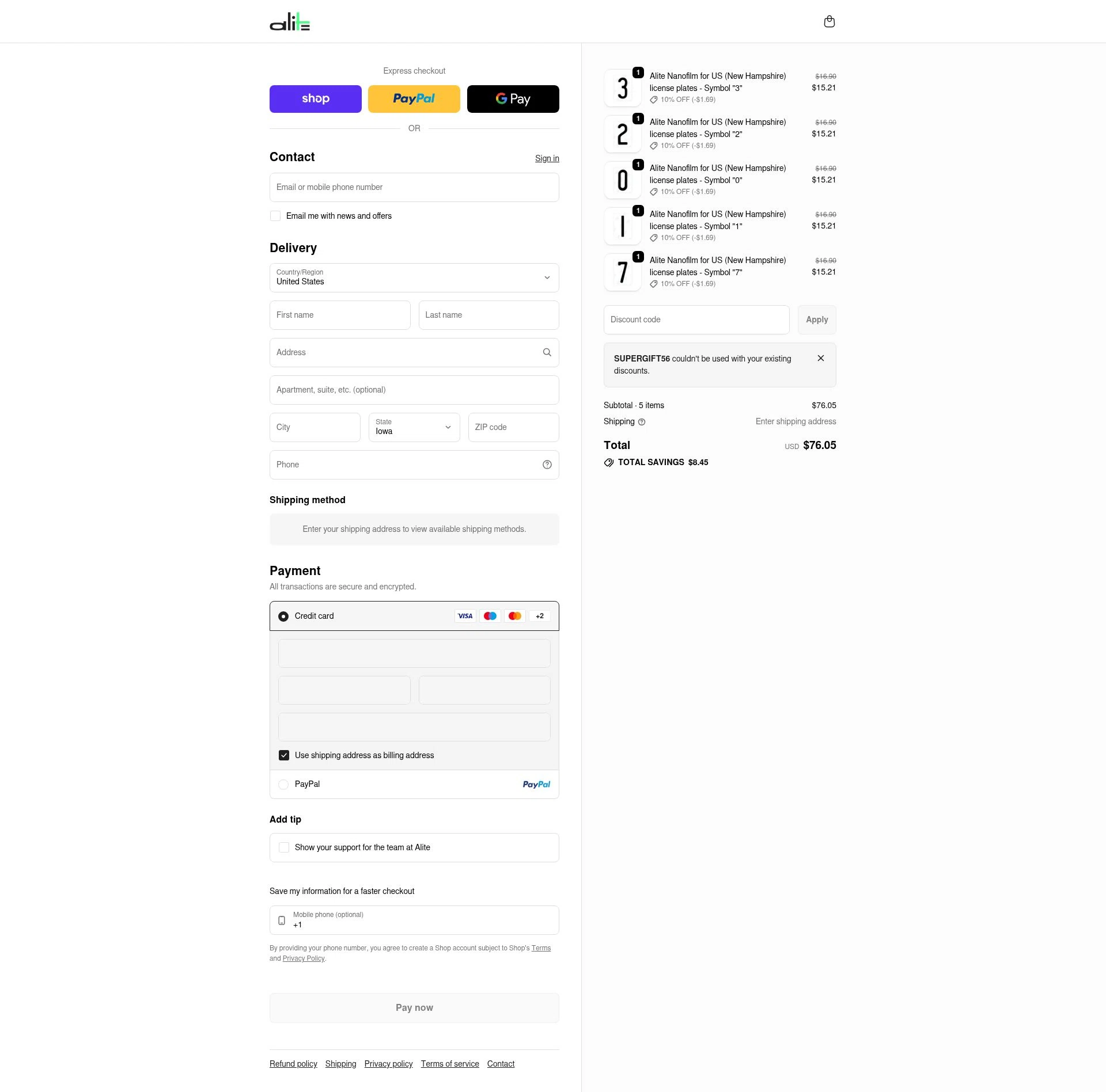 Alite checkout page showing Alite discount code box | Screenshot taken by SimplyCodes community member on Feb 6, 2026