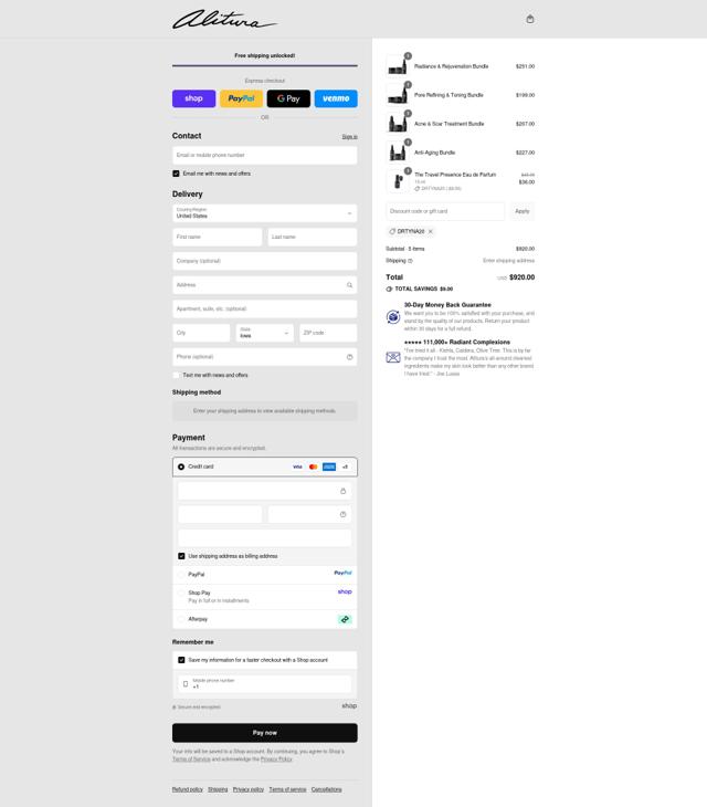 Alitura checkout page showing Alitura discount code box | Screenshot taken by SimplyCodes community member on Sep 12, 2025