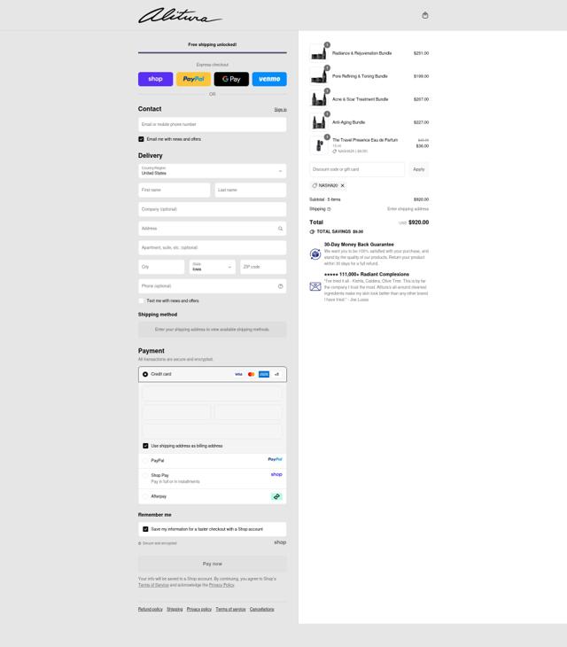Alitura checkout page showing Alitura discount code box | Screenshot taken by SimplyCodes community member on Sep 12, 2025