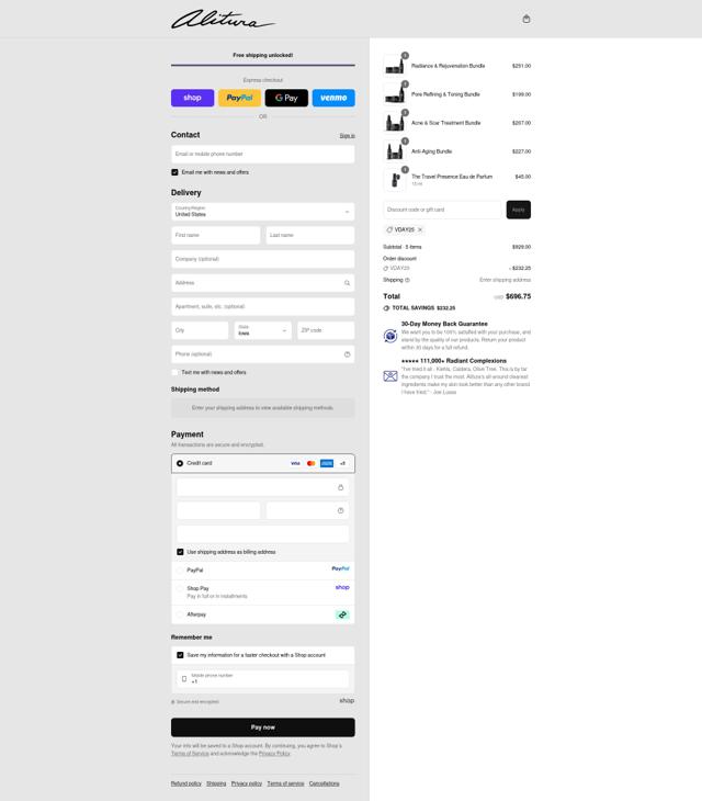 Alitura checkout page showing Alitura discount code box | Screenshot taken by SimplyCodes community member on Sep 12, 2025