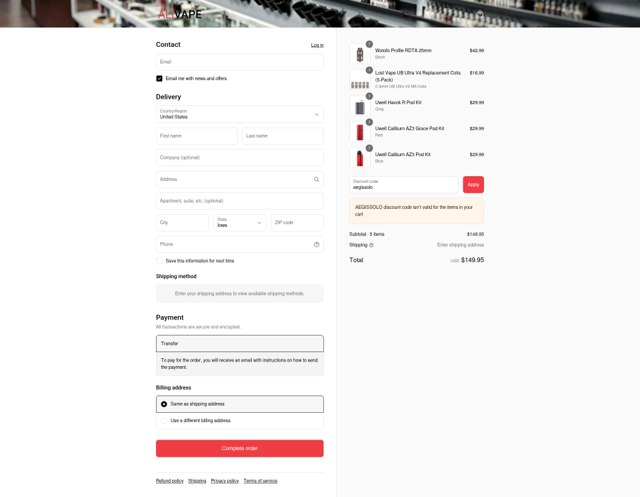 ALIVAPE checkout page showing ALIVAPE discount code box | Screenshot taken by SimplyCodes community member on Sep 7, 2025