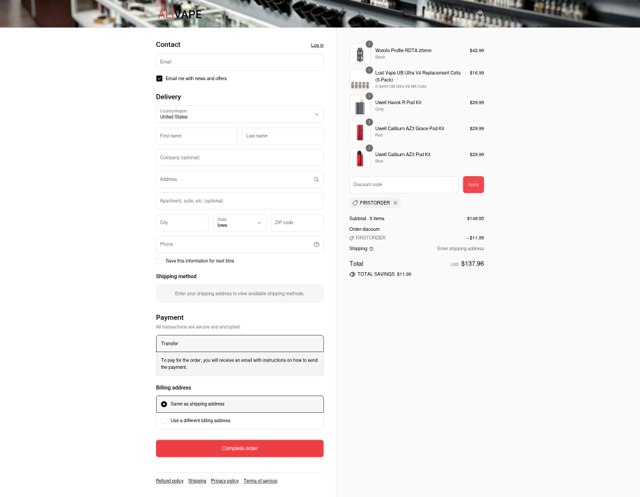 ALIVAPE checkout page showing ALIVAPE discount code box | Screenshot taken by SimplyCodes community member on Sep 7, 2025