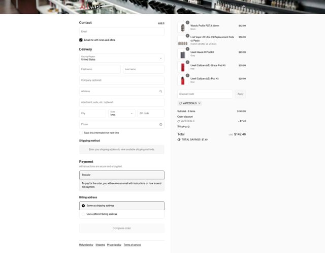 ALIVAPE checkout page showing ALIVAPE discount code box | Screenshot taken by SimplyCodes community member on Sep 7, 2025