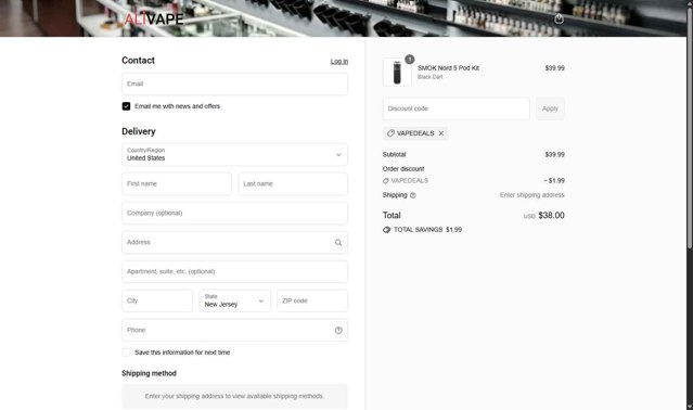 ALIVAPE checkout page showing ALIVAPE discount code box | Screenshot taken by SimplyCodes community member on Sep 7, 2025