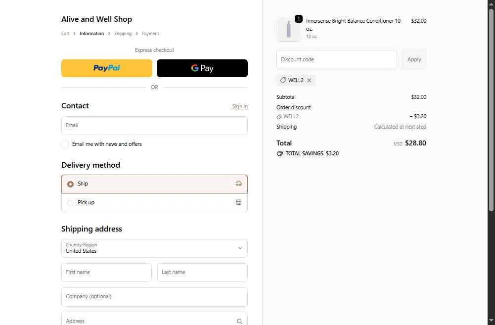 Alive and Well Shop checkout page showing Alive and Well Shop promo code box | Screenshot taken by SimplyCodes community member on Jan 26, 2026