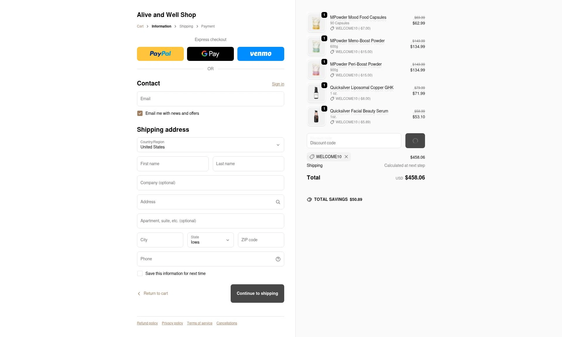 Alive and Well Shop checkout page showing Alive and Well Shop promo code box | Screenshot taken by SimplyCodes community member on Feb 8, 2026