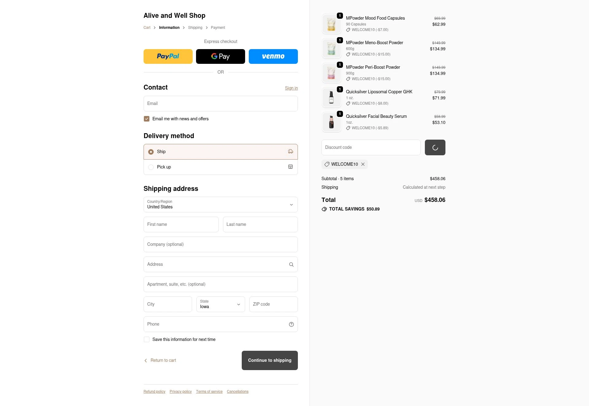 Alive and Well Shop checkout page showing Alive and Well Shop promo code box | Screenshot taken by SimplyCodes community member on Jan 31, 2026