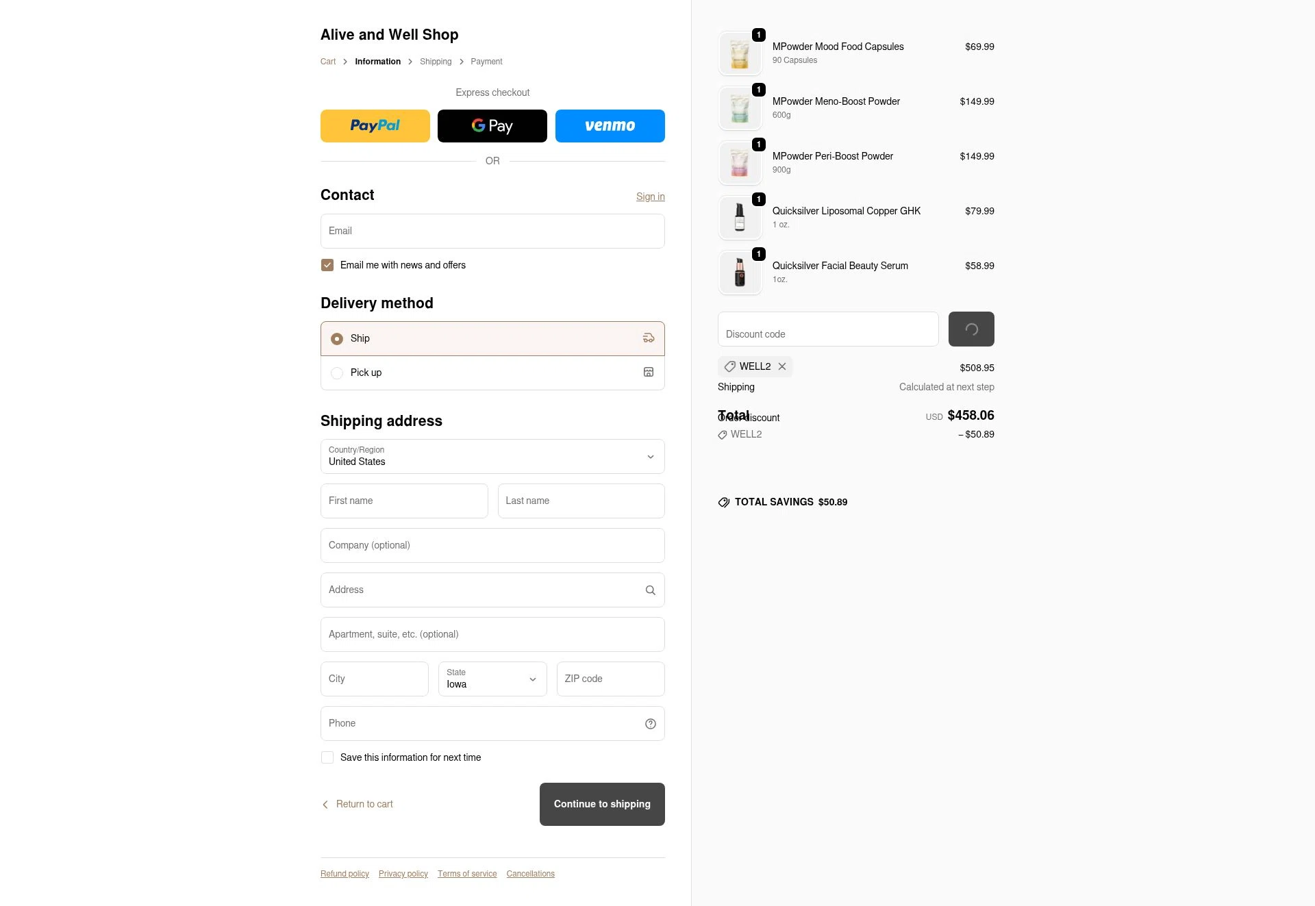 Alive and Well Shop checkout page showing Alive and Well Shop promo code box | Screenshot taken by SimplyCodes community member on Feb 4, 2026