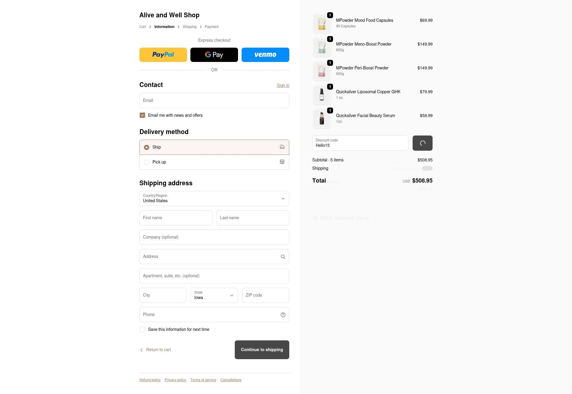 Alive and Well Shop checkout page showing Alive and Well Shop promo code box | Screenshot taken by SimplyCodes community member on Feb 4, 2026