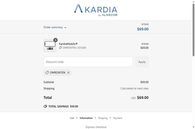 AliveCor checkout page showing AliveCor promo code box | Screenshot taken by SimplyCodes community member on Apr 20, 2025