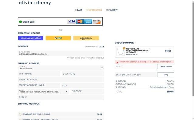 Alivia + Danny checkout page showing Alivia + Danny discount code box | Screenshot taken by SimplyCodes community member on Aug 25, 2025