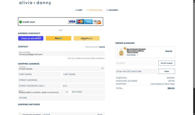 Alivia + Danny checkout page showing Alivia + Danny discount code box | Screenshot taken by SimplyCodes community member on Sep 2, 2025